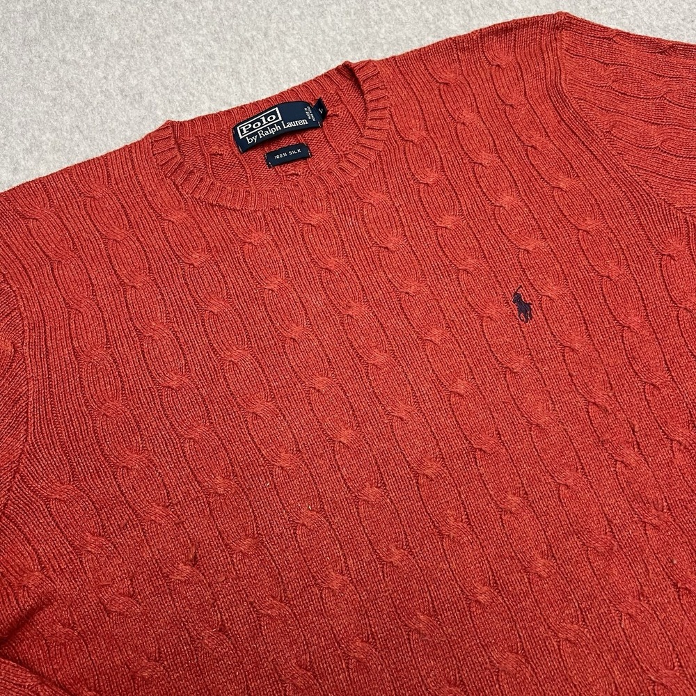 Vintage Polo Ralph Lauren Sweater Men Large Red Cable Knit Silk Fisherman READ